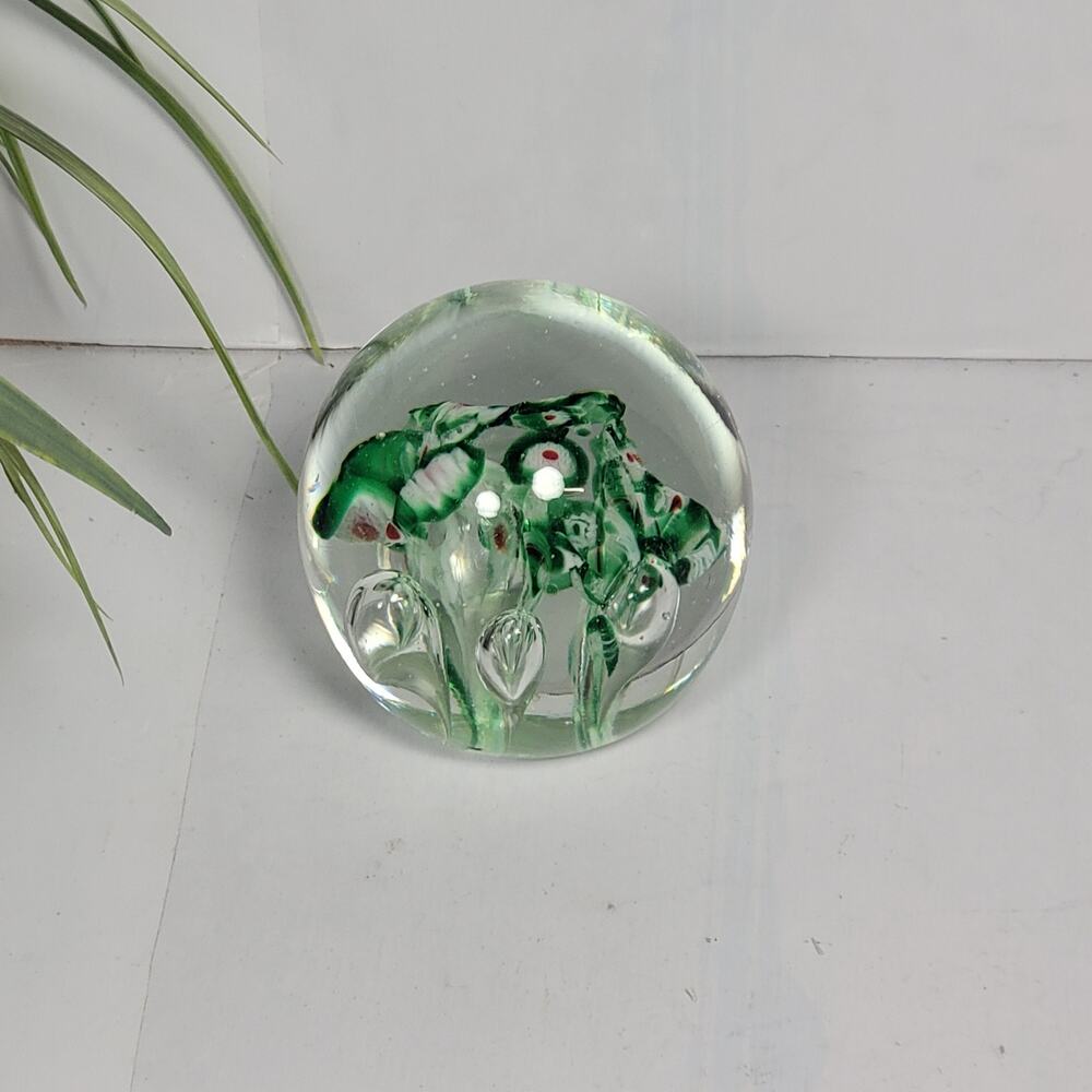 Vintage Dabs Japan Glass Paperweight Mid Century Green White Bubble Floral Orb